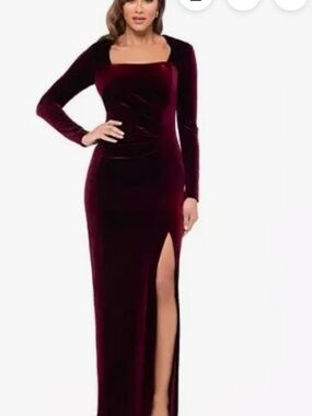 Xscape Burgundy Velvet Long-Sleeve Maxi Dress with Thigh Slit